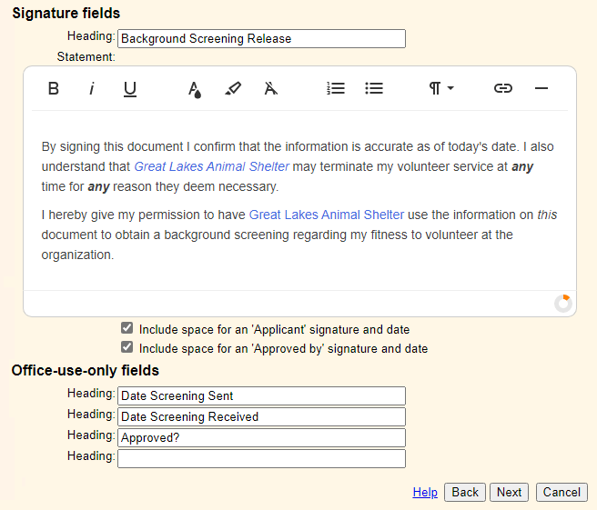 Example of Completed Section on Fields Tab