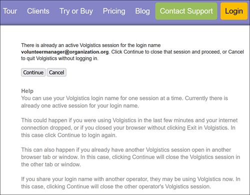 Image of Session in Use Message