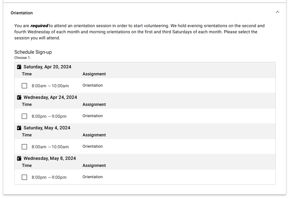 Image of Orientation Sessions on Application Form