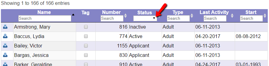 Example of Volunteers Page with Status Column