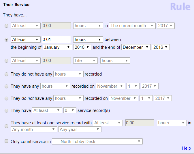 Image of Set configured to find volunteers that served in the 2016 calendar year