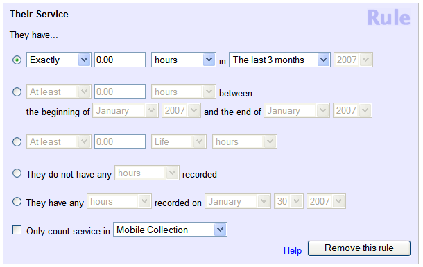 Image of Set rule configure to include volunteers with no hours in the last 3 months