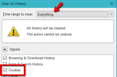 Image of Time Range to Clear and Cookies Checkbox