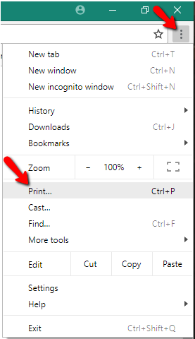 Image of Web Browser Menu and Print