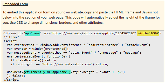 Image of Embedded Form section code