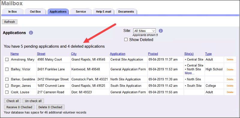 Image of the number of pending and deleted applications