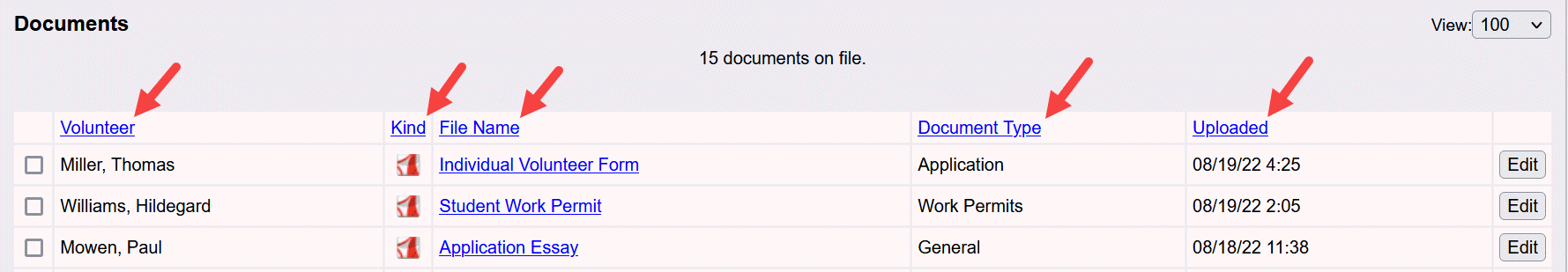 Image of Sortable Column Headings