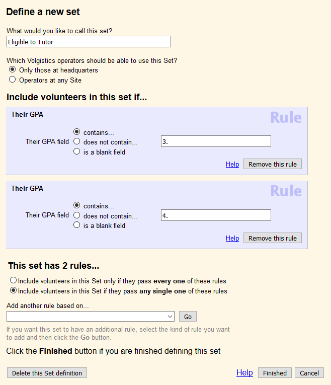 Image of a Set configured to find volunteers with 3. or 4. in the GPA field