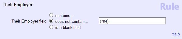 Image of a Set configured to find volunteers that do not have (NM) in the Employer field