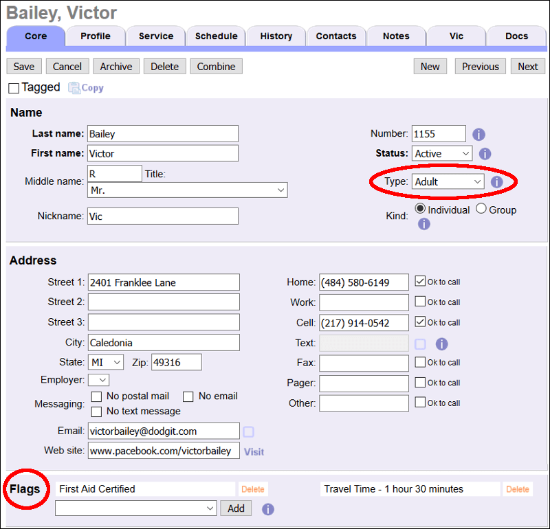 Image highlighting the Type and Flag fields on a volunteer record