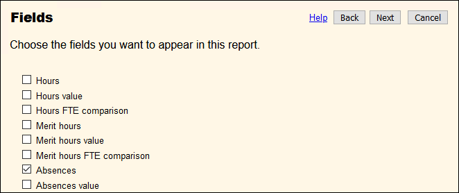 Image of Fields tab settings for absence report