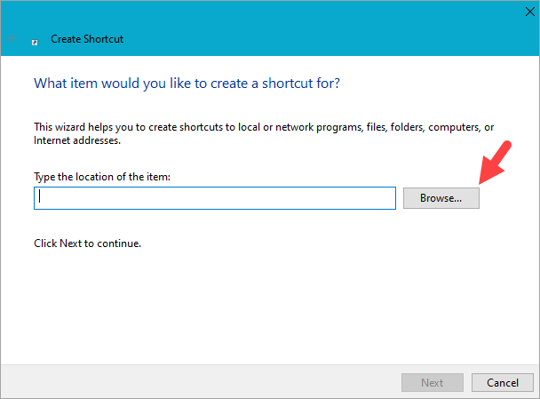 Image of Browse Button on Create Shortcut Window