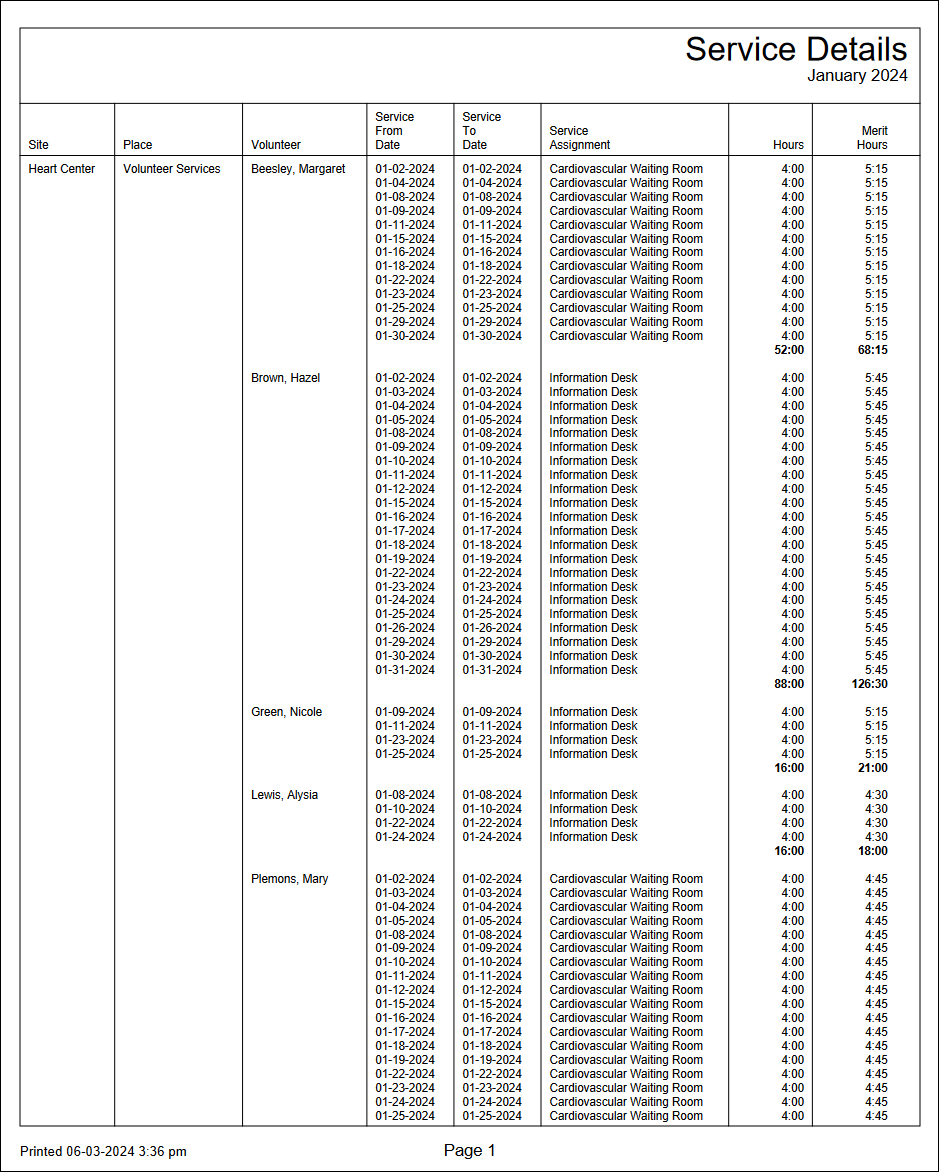 Example of Place Service Details Report