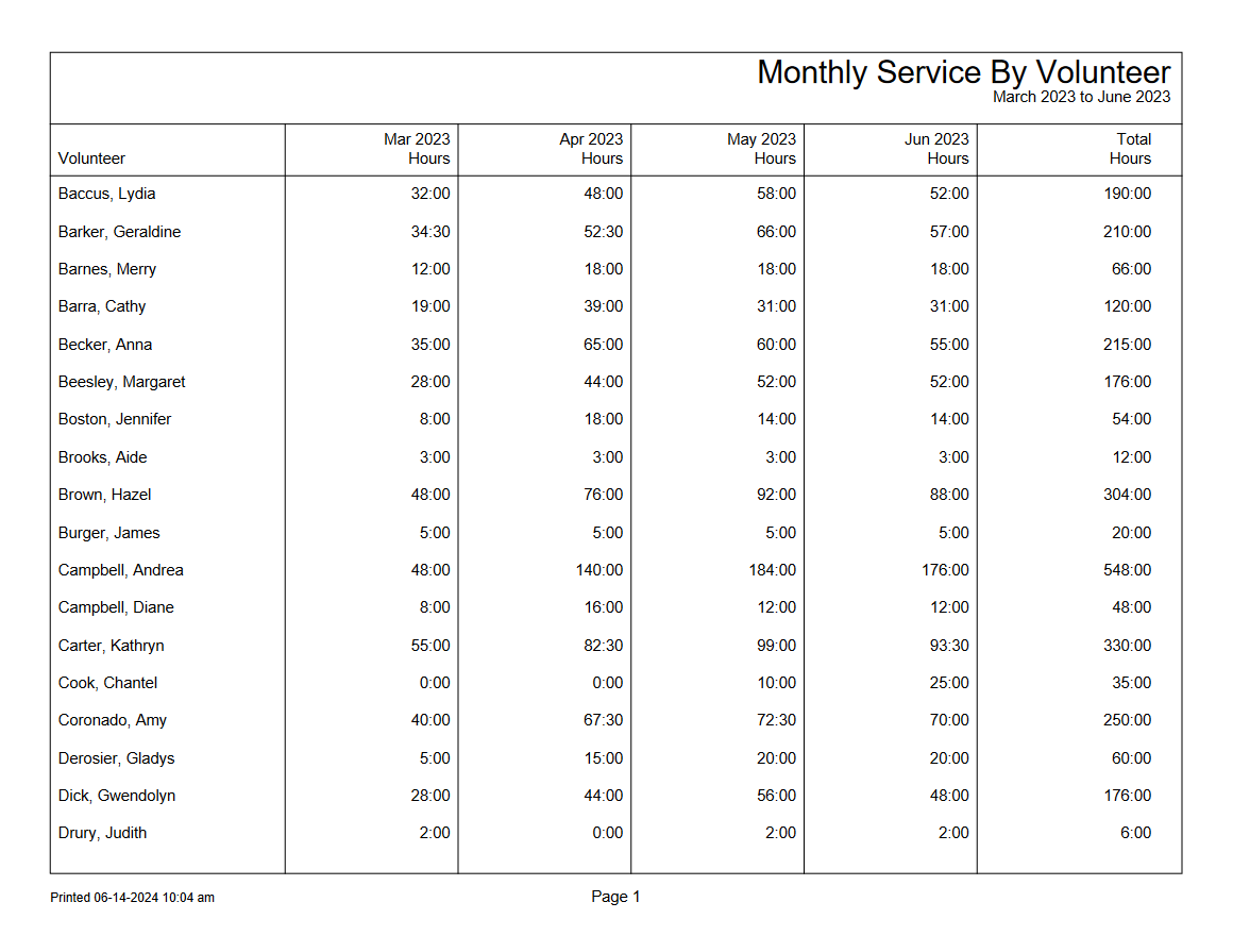 Example of Monthly Service by Volunteer Stock Report