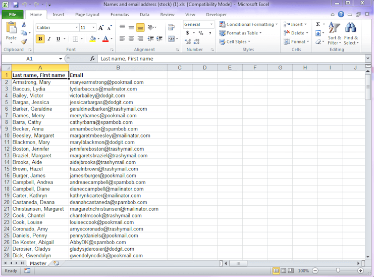 Example of Names and Email Addresses Stock Report