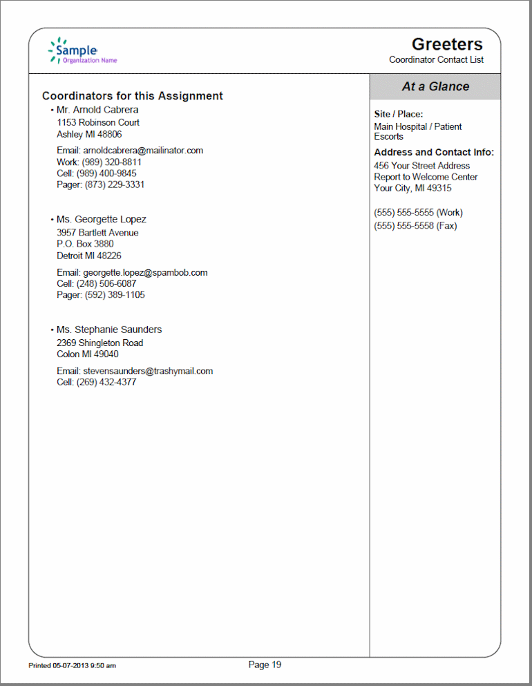 Example of Coordinator Contact List Stock Report